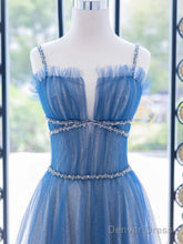 A-Line Blue Tulle Long Prom Dress, Blue Tulle Formal Dresses